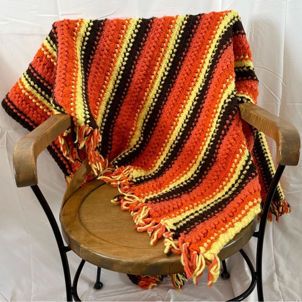 Vintage 70s crochet knit throw blanket handmade orange brown yellow indie